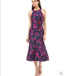 JS COLLECTIONS Jacquard Midi Dress Floral Navy Fuchsia Mermaid Size 6